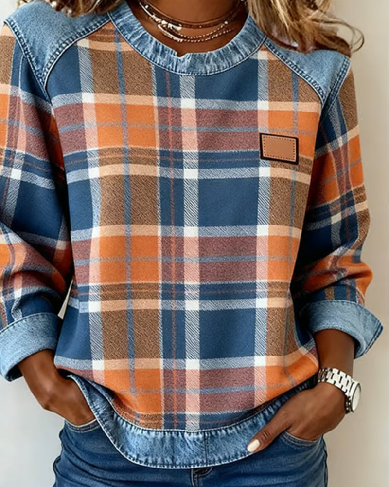 HARPER | PLAID DENIM TRIM TOP
