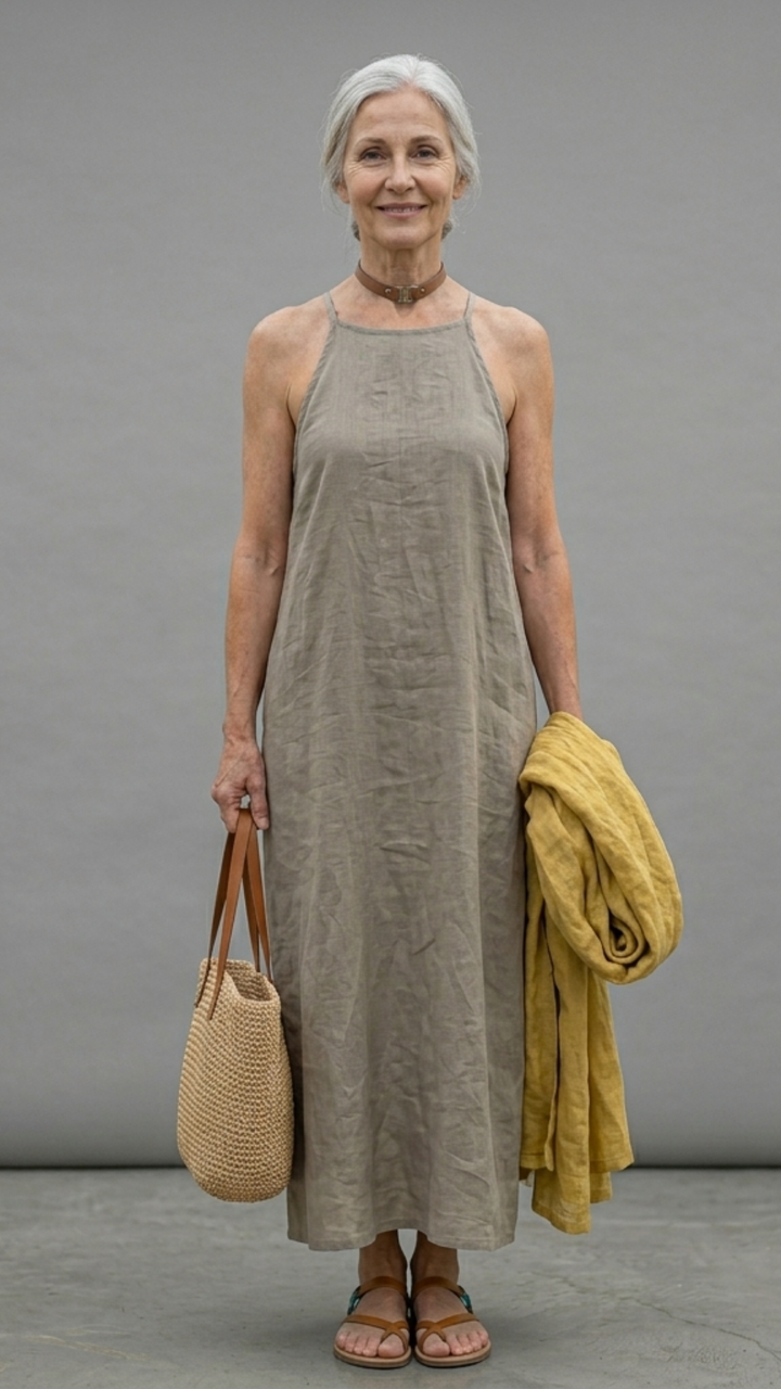 Casual women's long cotton and linen dress