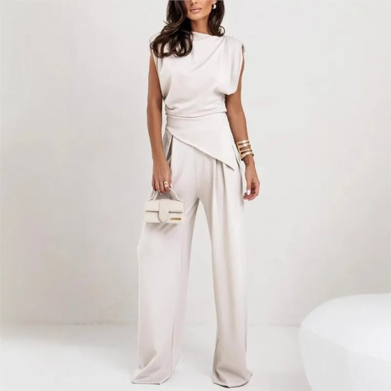 Casual Irregular Top and Wide Leg Pants 2 Piece Set Female Summer Fashion Solid Two Piece Sets Women Elegant Slim Office Suit
