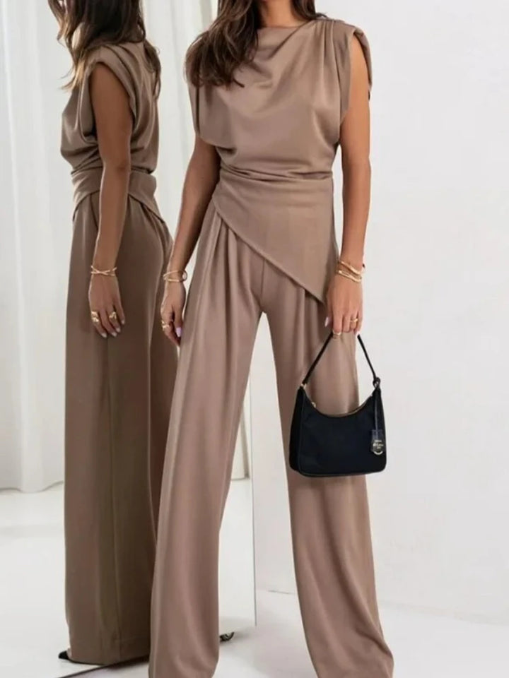 Casual Irregular Top and Wide Leg Pants 2 Piece Set Female Summer Fashion Solid Two Piece Sets Women Elegant Slim Office Suit