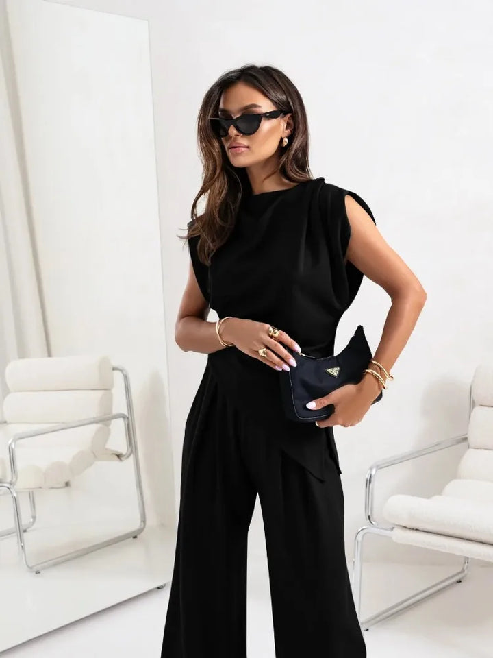 Casual Irregular Top and Wide Leg Pants 2 Piece Set Female Summer Fashion Solid Two Piece Sets Women Elegant Slim Office Suit