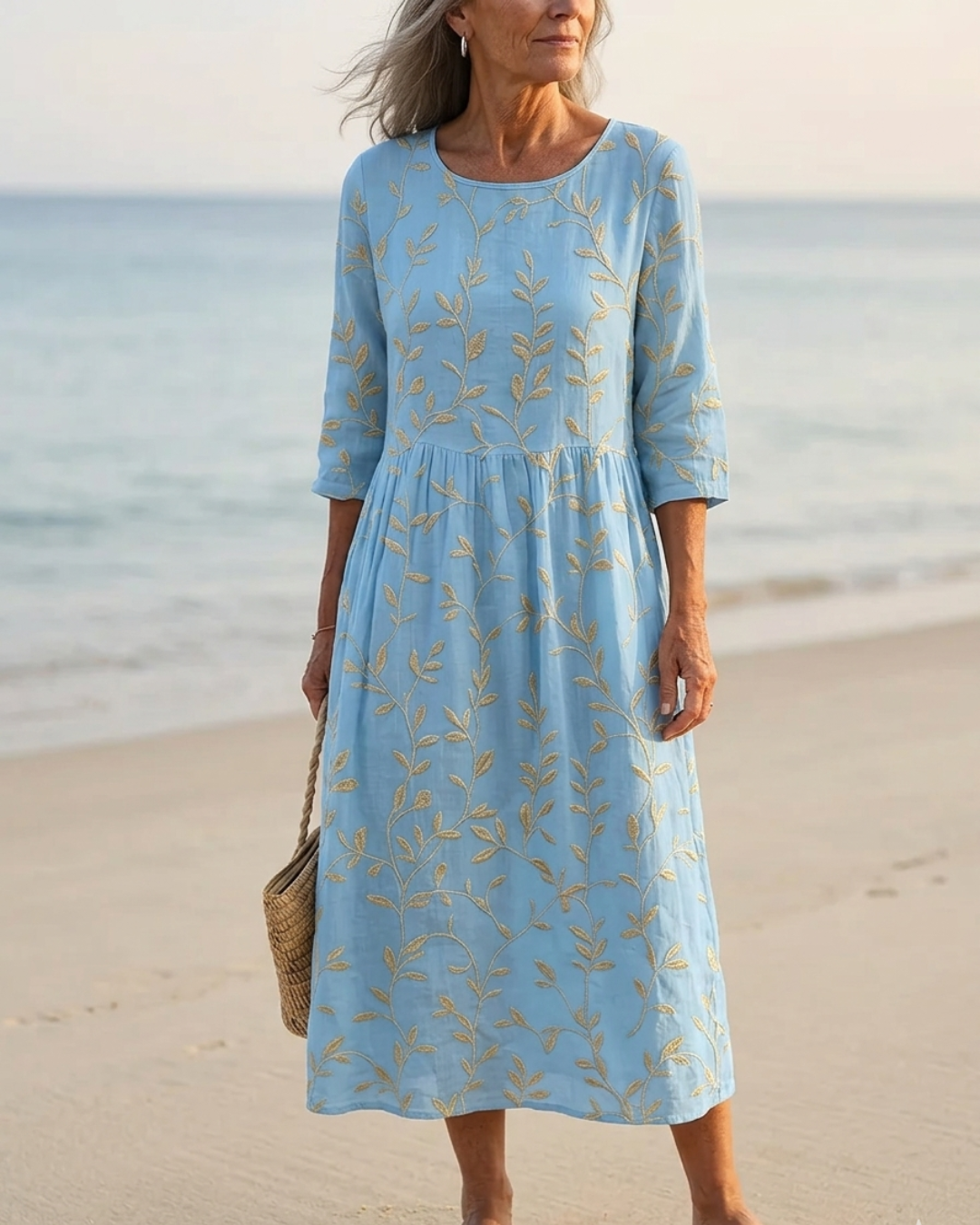 Natalie | Plant & Flower Print Round Neck Midi Dress