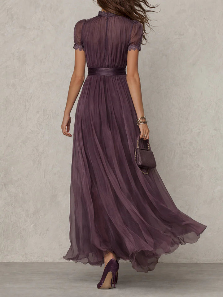 ESSENTIAL - Flavia • Long Purple Dress with Keyhole Neckline & Chiffon Lace Trim