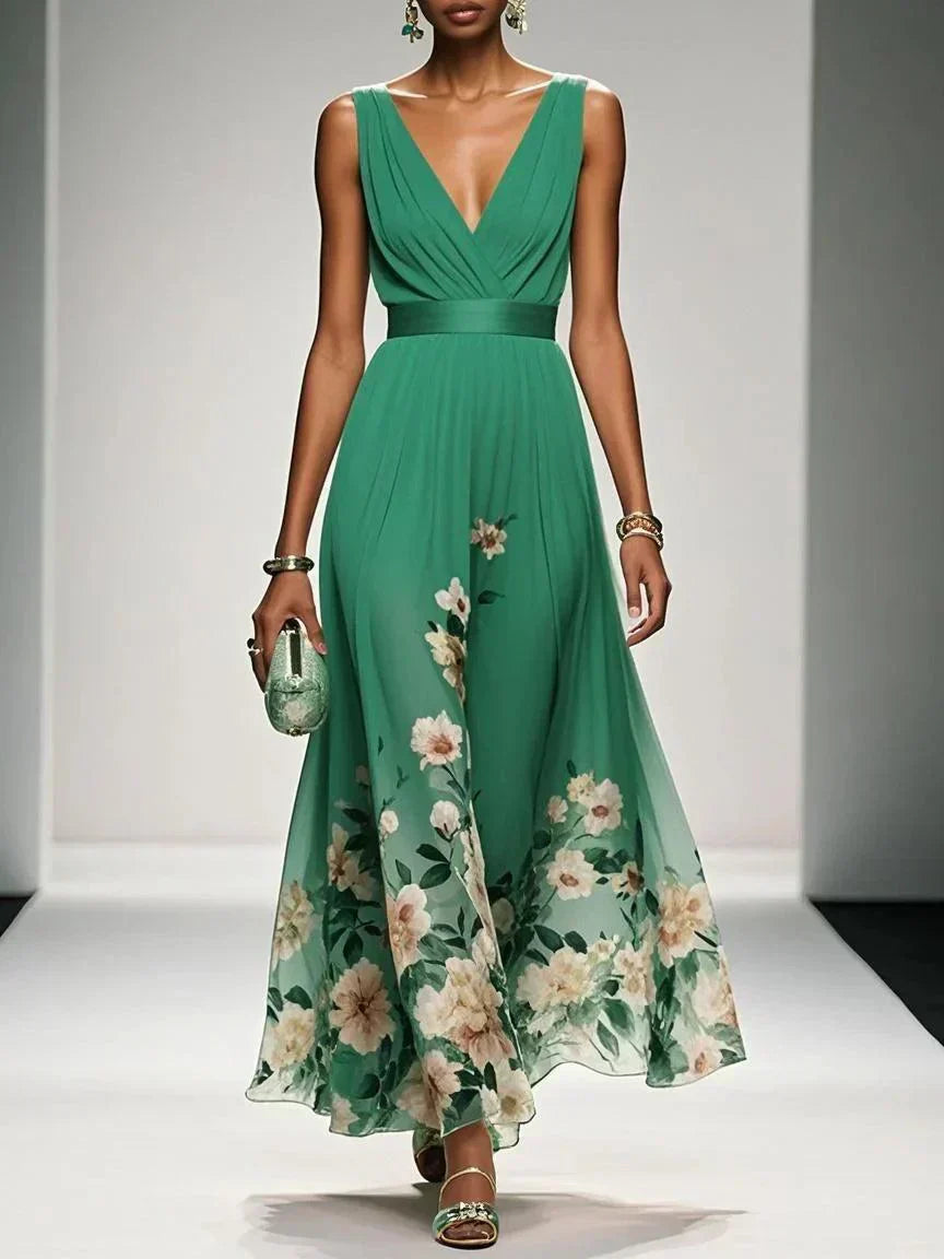 Rosa - Floral Chiffon V-Neck Maxi Dress