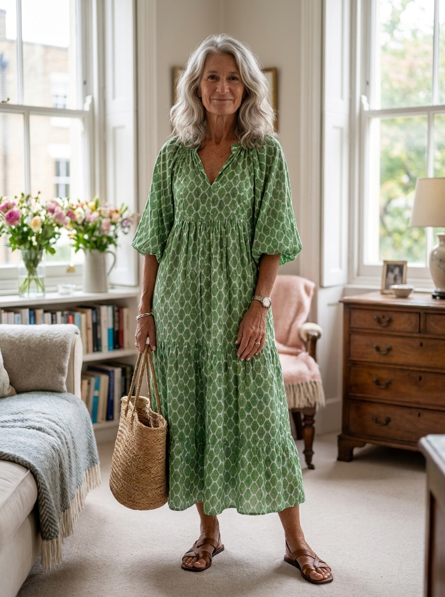 Apolline | Three Quarter Sleeve V Neck Patterned Midi Dress